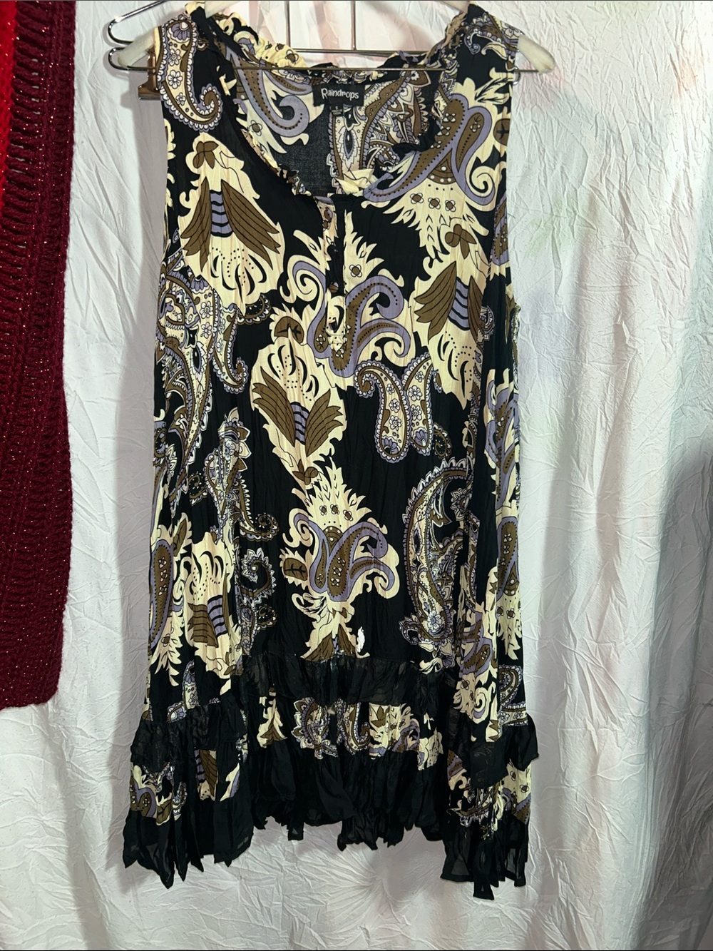 RAINDROPS  Paisley Ruffle-Hem Sleeveless dress - Black/Cream size small